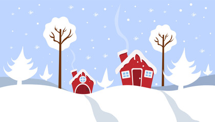 Obraz na płótnie Canvas Winter landscape. Houses in the winter forest. Postcard winter.