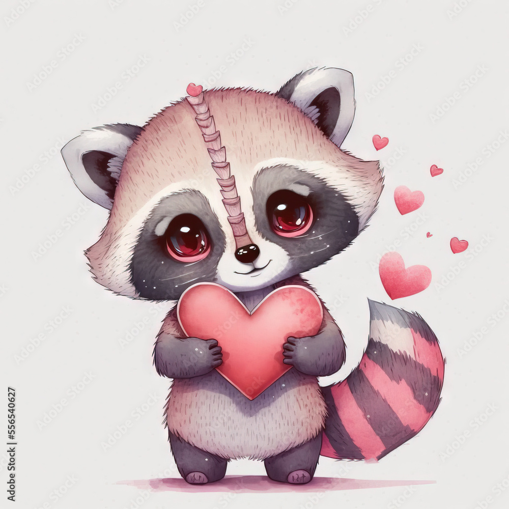 Poster a raccoon holding a heart with a unicorn horn on it's head and a string on its head. generative ai
