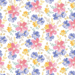 Fototapeta na wymiar Seamless floral pattern in gentle watercolor style. Pretty flower print: small hand drawn flowers, leaves in bouquets on white background. Spring ditsy design for fabric, paper. Vector illustration.