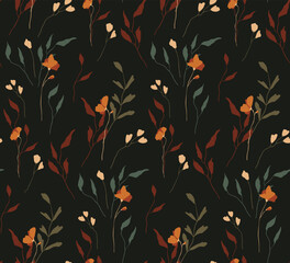 Seamless floral pattern with autumn botany in vintage style. Beautiful flower print with hand drawn wild plants, small flowers, leaves, herbs on dark background. Botanical design, vector illustration.