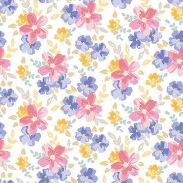 Seamless floral pattern in gentle watercolor style. Pretty flower print: small hand drawn flowers, leaves in bouquets on white background. Spring ditsy design for fabric, paper. Vector illustration.
