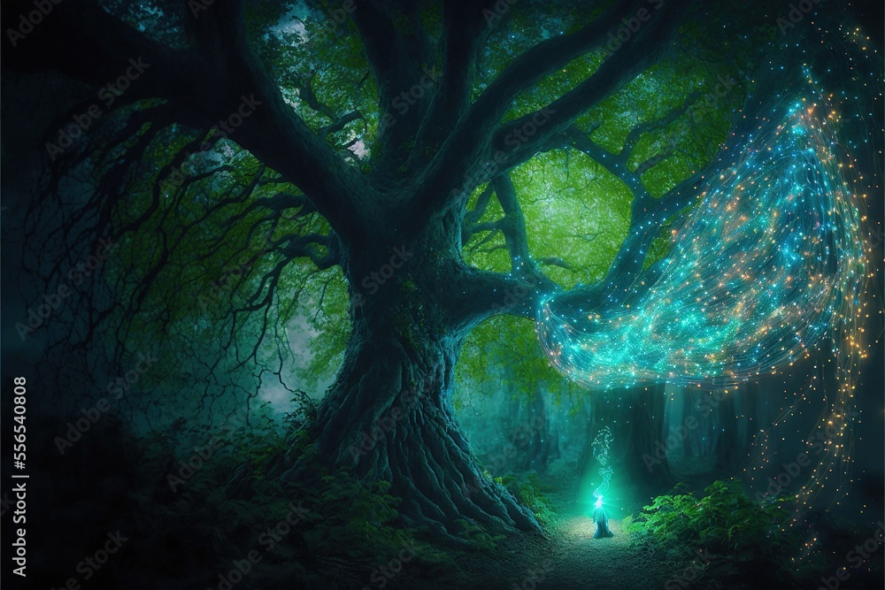 Poster a painting of a person standing in a forest with a glowing tree trunk and a glowing light at the end