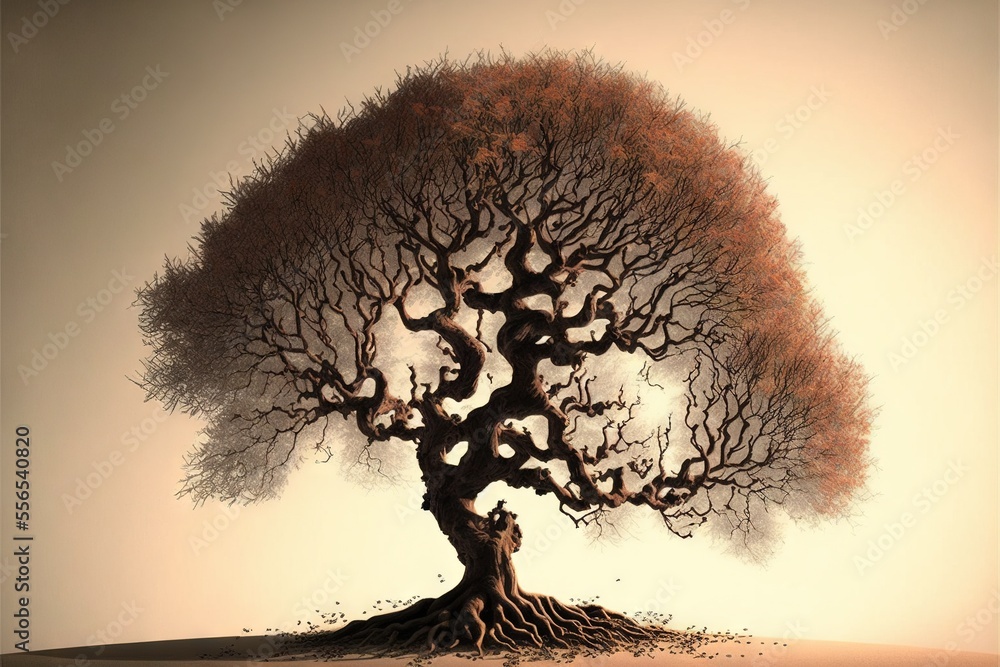 Poster a tree with a lot of branches on top of it in the middle of a desert area with a sky background. gen