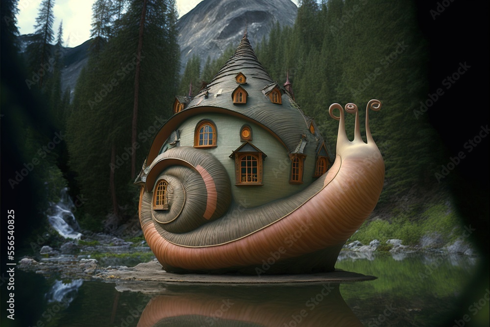 Poster a snail house is sitting on a rock in the water near a mountain range with a stream running through 