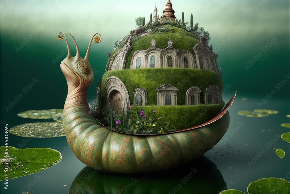 Poster a snail is riding on top of a house in the water with lily pads around it and a building on top of i