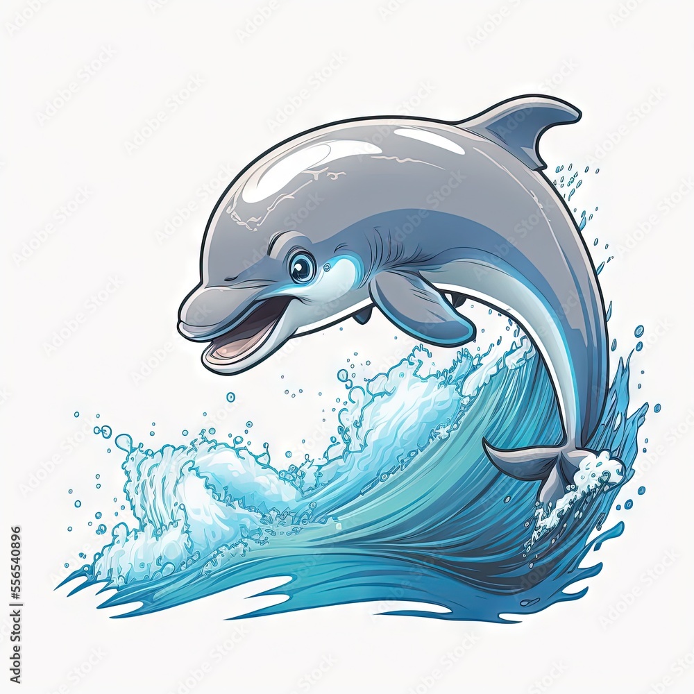 Poster a dolphin jumping out of the water with a wave behind it and a white background with a blue border. 