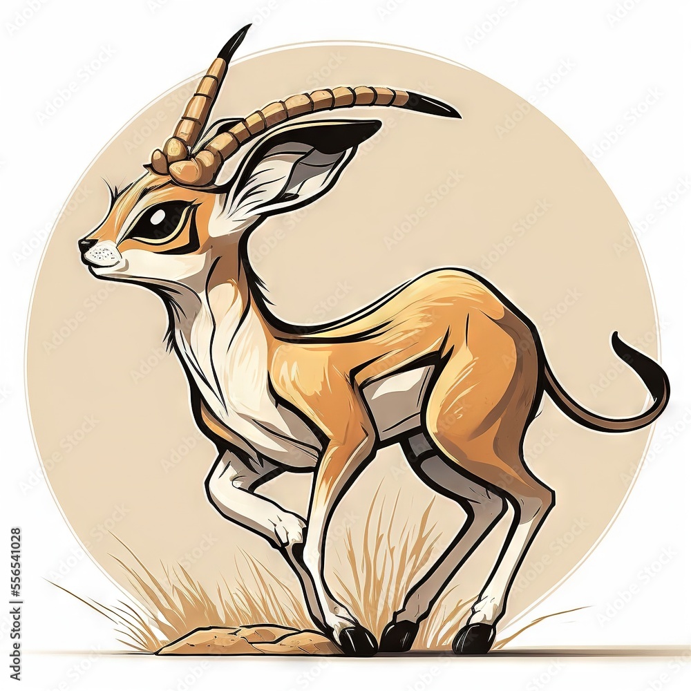 Aufkleber a small antelope standing on a dry grass field with a round background in the background and a small