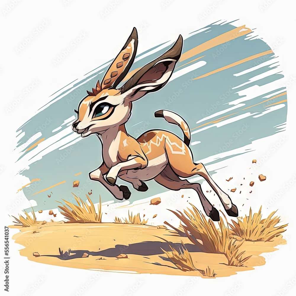 Aufkleber a cartoon of a deer running in the desert with grass and rocks in the background and a sky backgroun