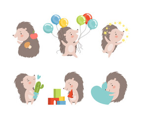 Funny Grey Hedgehog Character Enjoying Different Activity Vector Set