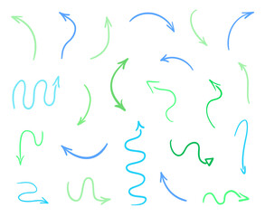 Infographic elements on isolated white background. Hand drawn colored pointers on white. Abstract arrows. Line art. Set of different signs. Colorful illustration. Doodles for artwork