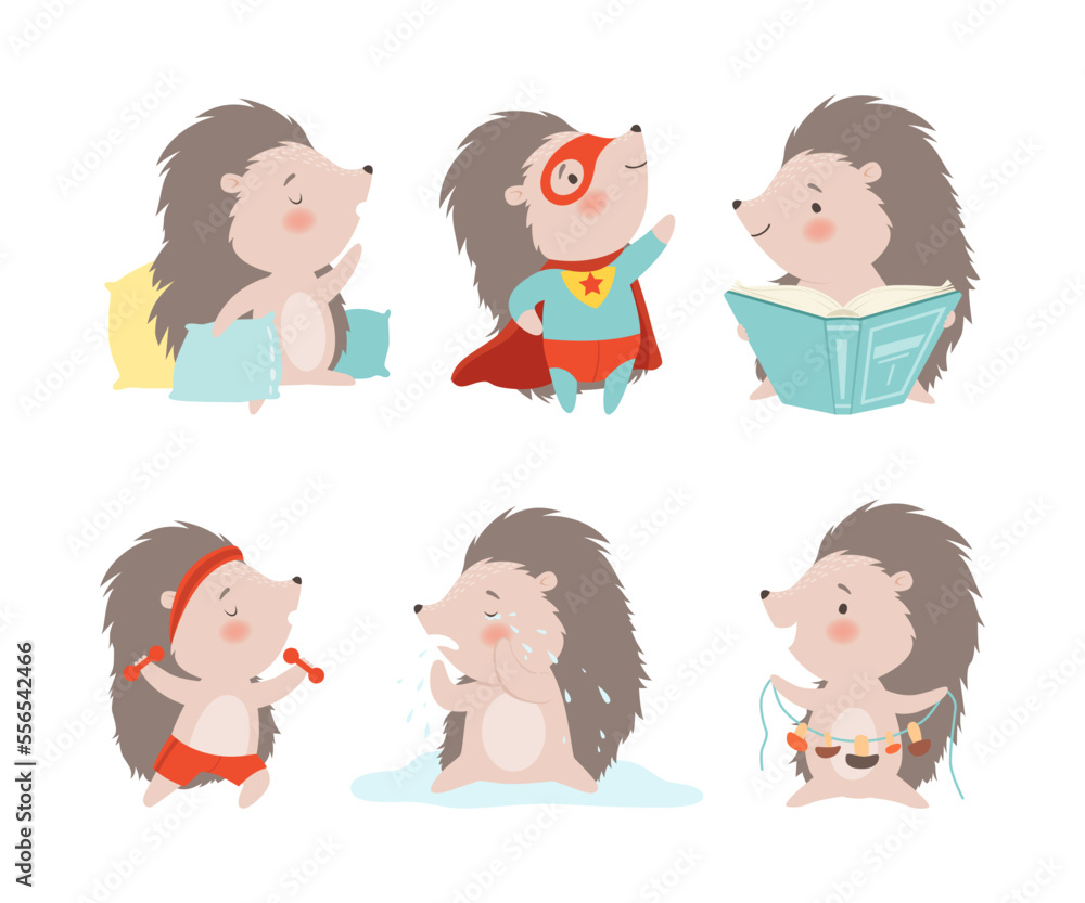 Poster funny grey hedgehog character enjoying different activity vector set