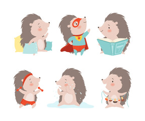Funny Grey Hedgehog Character Enjoying Different Activity Vector Set