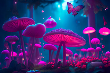 Glowing mushrooms in the night forest.  Generative AI.