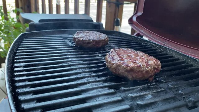 Cooking Meat And Burgers Barbecue At Home Patio At Sunset Concept Vacations Weekend Family Time Fun