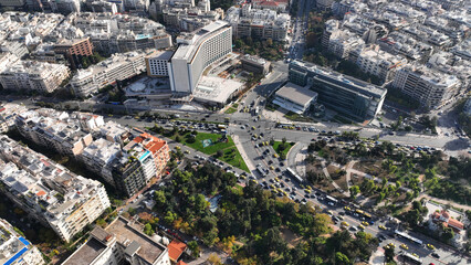 Aerial drone top down photo of urban junction in National Gallery area of Athens Vasilissis Sofias and Vasileos Konstantinou Avenue, Attica, Greece