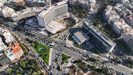 Aerial drone top down photo of urban junction in National Gallery area of Athens Vasilissis Sofias and Vasileos Konstantinou Avenue, Attica, Greece