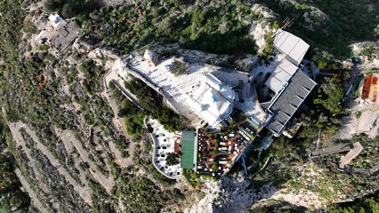 Aerial drone photo of Saint George chapel on top of Lycabettus hill, Athens centre, Attica, Greece