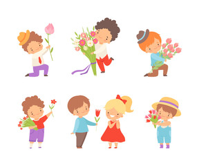 Cute Little Boy Giving Flowers to Girl Expressing Congratulations Vector Set