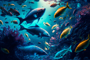 Naklejka na ściany i meble Underwater wild world. Tropical fishes. Image created with Generative AI technology.
