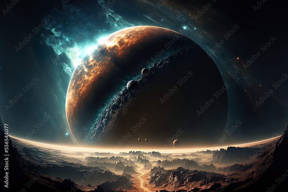 Poster planetary backdrop from far space. generative ai