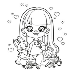 Cute cartoon long haired girl feeding the rabbit carrots coloring page on white background