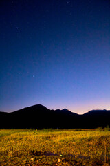 yellow field with silhouette of mountain in the background and dark sky with stars in tepetiltic nayarit 