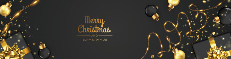 Christmas banner. Xmas background design with realistic christmas ball and golden confetti glitter.