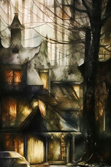 Abstract image of an old house in the evening. Illustration