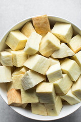 Raw yam in a white bowl, cubes of raw yam, nigerian white yam