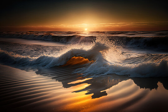 Beautiful sunset photo of the frothy waves on the beach taken in Domburg, Netherlands. Generative AI
