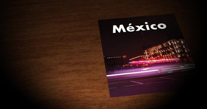Animation 3d flip sheets of a mexican magazine with themes of Mexico city, vineyard, tacos pastor día de muertos tradition and pyramid of the moon.