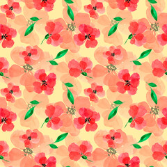 Red flowers watercolor seamless pattern. Fabric print. Summer. Poppy. Spring. May. Bloom. Floral red pattern. Print for a dress. Tablecloth.