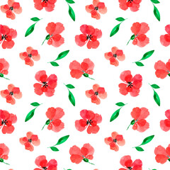 Fototapeta na wymiar Drawn watercolor red flowers on a white background. Red flowers watercolor seamless pattern. Spring. Summer. Home textiles. Fabric print. Floral background.