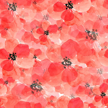 Drawn watercolor red flowers on a white background. Red flowers watercolor seamless pattern. Spring. Summer. Home textiles. Fabric print. Floral background.