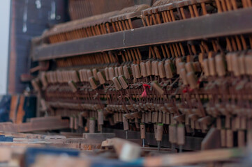 Destroyed piano in an abandoned old historic mansion palace in Poland in Central Europe