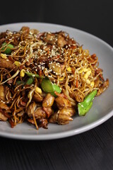 Cantonese Soy Sauce Chow Mein Instant Noodles with Chinese Broccoli, Chicken, Carrots, Onions, Bean Sprouts - Closeup