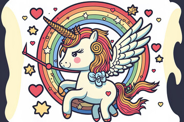 Cute unicorn Cupid soaring in the skies with a bow and arrow while holding a heart and a rainbow. A coloring sheet with a color scheme. an illustration in form. Coloring, cards, prints, designs