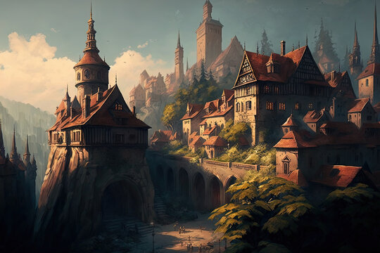 Panorama of a fictional medieval village in Europe. Fairytale urban structures, towers, classic castles, and Gothic cathedrals may be found throughout ancient Europe. skyline of a video game and a his