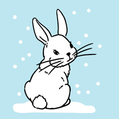 Vector illustration. Cute hand drawn bunny on snow