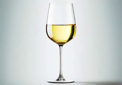 Glass of white wine on light background. Glass of yellow alcohol liquid. Wine tasting design element. Generative AI wine glass with golden wine.