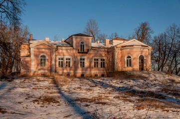 Exterior of an abandoned old historic palace mansion in Poland in Central Europe
