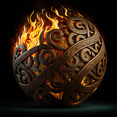 Metal sphere with traditional celtic pattern in fire on black background. Generative AI celtic pattern on fire. Celtic ornament on a sphere, design element. - obrazy, fototapety, plakaty