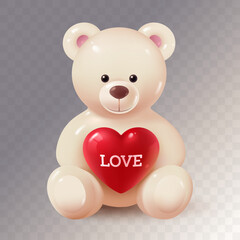 Cute teddy bear with a red heart - a symbol of love. Porcelain toy bear in 3d style isolated on transparent background. Traditional gift for Valentine's Day. Vector illustration.