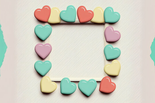 Valentine's Day candy heart picture frame. Conversation hearts in pastel colors with red writing. An standalone graphic for your design is used. Generative AI