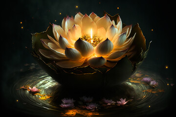 Naklejka na ściany i meble Loy Krathong magical water lily lantern on a river. Loi Kratong ceremony flower. Thailand buddhist holiday background. Loy krathong background - water lily with candle in a water, Generative AI.