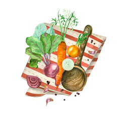 Cooking. The composition of vegetables, carrots, red beets, onions, garlic, cutlery and a striped red and white napkin. All elements are hand-painted with watercolors. For printing, fabrics, dishes.