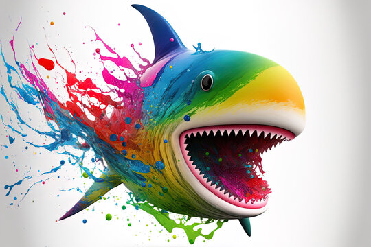 a picture of several colors cartoon shark creature grinning on a white backdrop. Generative AI