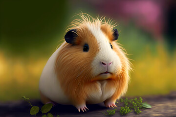 Portrait of cute red guinea pig on a mewdow at sunny day. Guinea pig looking at camera. Generative AI small guinea pig. Funny animals postcards. - obrazy, fototapety, plakaty