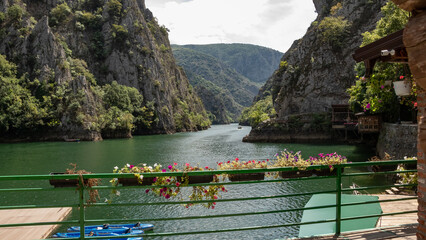 Matka canyon in North Macedonia near Skopje, boat on the lake, boat trip, Matka lake and mountain...