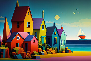 Obraz premium colorful houses in a seaside setting with a blue sky. Generative AI